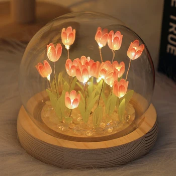  Pasidaryk pats rožinė tulpių nakties šviesa 9 gėlės USB Charing modeliavimas Gėlių miegamasis Miegamasis Miegamoji Lempa Rankų darbo dovanos Lauko sodas