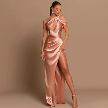 Pink Formal Mermaid Prom Vakarinės suknelės Vieno pečių grindų ilgio vakarėlio suknelė High Split naktiniai chalatai Chalatas De Mariee