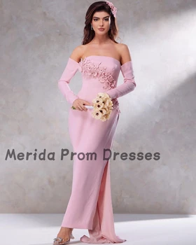  Pink Off Shoulder Prom Suknelės ilgomis rankovėmis Aplikacijos Karoliukai Vakarinė suknelė Oficiali proga Vestuvių vakarėlio suknelė Nuotakos suknelė