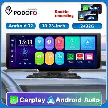  Podofo Android 12 2G+32G Galinio vaizdo kamera ADAS Wifi Carplay & Android Auto Video DVR automobilių veidrodėlių įrašymo prietaisų skydelis