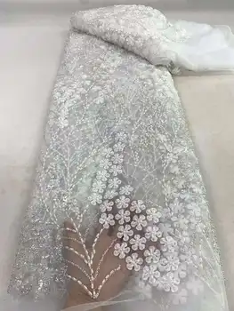  Prabangus baltas Afrikos blizgučių nėrinių audinys 2023 Aukštos kokybės sunkūs karoliukais siuvinėti prancūziški tiulio nėriniai vestuvinės suknelės siuvimui
