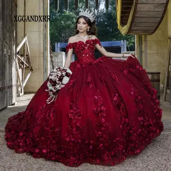  Prabangus vynas Raudonos rankų darbo gėlės Ball Gown Quinceanera suknelės 2024 Off Shoulder Appliques Lace Vestido De 15 Anos Sweet 16 Miss
