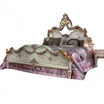  prancūziška prabangi medžio masyvo lova pagrindinis miegamasis dvigulė lova europietiško stiliaus dažyta aukštos klasės raižyta rūmų vestuvinė lova