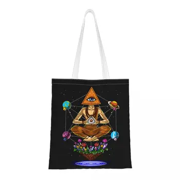  Psichodelinis grybas Budos piramidė Daugkartinio naudojimo krepšiai per petį Moterų pirkinių krepšys Mados meditacija Didelės talpos rankinė Drobė