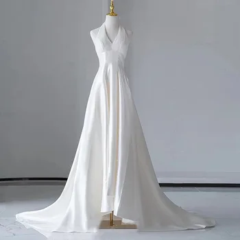  Romantiška prancūziška vestuvinė suknelė be rankovių apykaklės Nėriniai be nugaros A-Line nuotakos chalatai Nuotakos Maxi suknelė Individualizuota SWD201