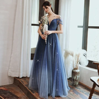  Royal Blue Bridesmaid Suknelės A-Line Short Sleeve Plum Beading Tulle O-Neck Sequins Pleat Evening Formal Prom Party Gowns Latest
