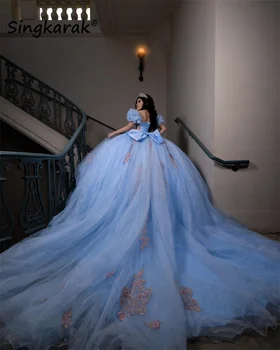  Sky Blue Princess Ball Gown Quinceanera Dresses Bow Appliques Beads Rhinestones Luxury Vestidos De 15 Años Court Train