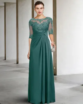  Smaragdinė žalia nuotakos motina suknelė Elegantiškas brangakmenis Grindų ilgis Šifonas Nėriniai Pusė rankovių Svečių vakarėlio chalatai Chalatas De Soiree