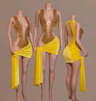  Sparkly Yellow Velvet Mini kokteilių vakarėlio suknelė Sheer Mesh Diamond Crystal Gimtadienio suknelės vestidos de gala mujer juoda mergina