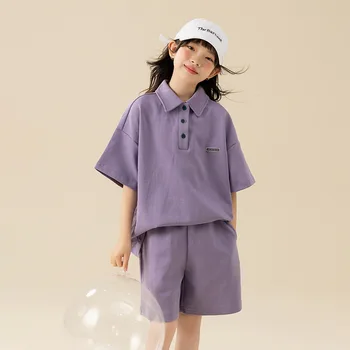  Teens Summer Sportsuits 2023 Korėjos mergaičių drabužiai Violetiniai pilki marškiniai Šortai Dviejų dalių vaikiškų drabužių komplektas 10 12 metų
