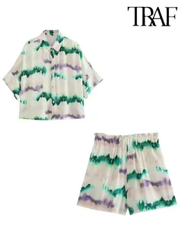  TRAF 2023 Summer Woman Sets Fashion Tie Dažytas Print Marškinių trumpomis rankovėmis viršus + High Waists Šortai Priežastinis plonas 2 dalių komplektai