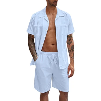  Vasaros atlapų sagų marškiniai ir šortai su raišteliu Kasdienio kieto medvilninio lino vilkimo gabalas Sportinis kostiumas Vyriški drabužiai Paplūdimio laisvi drabužiai