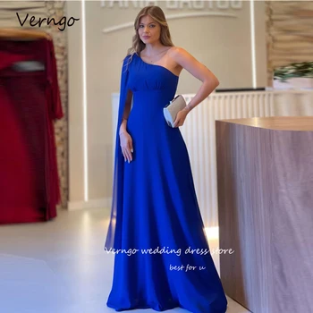  Verngo Vintage Blue One Shoulder Long Chiffon Vakarinės suknelės Prom Simple One Shoulder Cape Sleeve Mother Formal Party Gowns