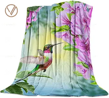  Violetinės gėlės ir kolibriai Pavasario tema Greeeen Pliušinė vilna Mesti antklodę,Apverčiama antklodė lovos sofos sofai