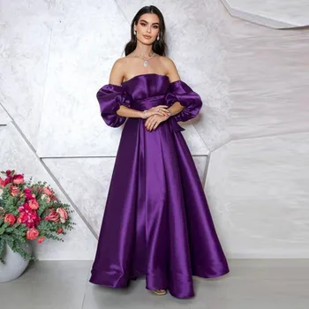  Violetinės vakarinės suknelės 2024 Chalatas De Soirée Femme Satin nuimamos pūstos rankovės plisuotos A linijos grindų ilgis Moterų vakarėlio suknelė