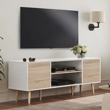  WAMPAT Mid Century modernus televizoriaus stovas televizoriams iki 60 colių, medinė TV konsolė Medijos spintelė su saugykla, Pramogų centras