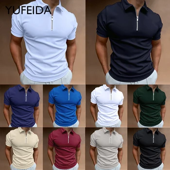  YUFEIDA Vyriški vienspalviai polo marškinėliai trumpomis rankovėmis atverčiama apykakle Užtrauktuku Polo marškinėliai Laisvalaikio verslo drabužiai 2023 m. vasaros vyrų viršūnės