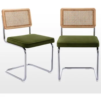  Zesthouse Mid Century modernių valgomojo kėdžių komplektas iš 2, aksominės akcentinės kėdės su natūralia cukranendrių nugara ir nerūdijančio chromo pagrindu