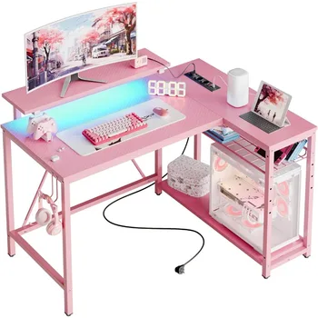  Žaidimų stalas su maitinimo lizdais,42 LED mažas kampinis kompiuterio stalas Apverčiama saugykla, L formos stalas su stalu, rožinis anglies pluoštas