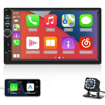  7 colių dvigubas Din Carplay automobilinis stereofoninis įrenginys su Carplay Android Auto Juoda ABS su Mirror Link Bluetooth FM atbulinės eigos kamera