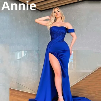  Annie Sexy Satin Prom suknelė nuo peties فساتين سهره فاخره 2023 Blue Side Slit Vakarinė suknelė Tailing Oficiali proga Suknelė