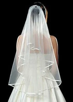  Balti paprasti ir elegantiški trumpi nuotakos šydai su nėrinių kraštų moterų vestuvinio šydo aksesuarais