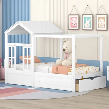  Dviejų dydžių namo lova su stogu, langu ir stalčiumi balta – žavinga ir erdvi vaikiška lova