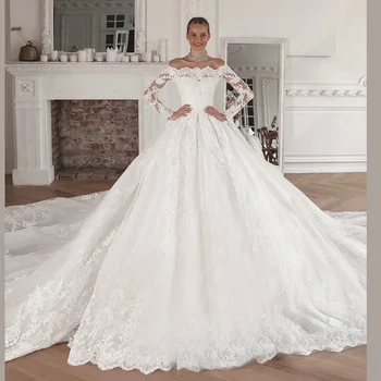  Elegantiškos nuo pečių pilnomis rankovėmis vestuvinės suknelės 2024 A Line Princess Nėriniai Nuotakos chalatai Applique Long Train Vestido De Noiva