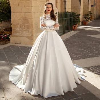  Klasikinės vestuvinės suknelės A-Line ilgomis rankovėmis Nėrinių aplikacijos Rutuliniai chalatai Satino chalatai Grindų ilgis Išskirtinis 2024 m Vestidos De Novia