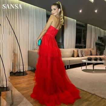 Sansa Sexy Strapless Multilayer Prom Dress Elegant Red Vestidos De Noche Floor Lenght Tulle فساتين سهره فاخره 2023