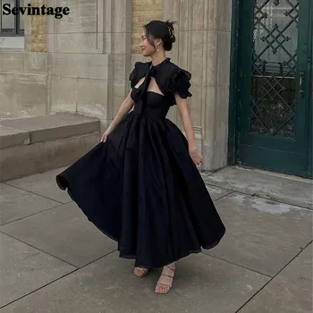  Sevintage Simple Black Organza Prom suknelė A-Line Strapless Ruffles Ruched Floor Length Women Evening Dress vestido de gala 2024