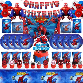  Spiderman gimtadienio šventės dekoravimas Balionų rinkinys Vienkartiniai popieriniai puodeliai Lėkštės Stalo reikmenys Staltiesė Fonas Berniukai Dovanos