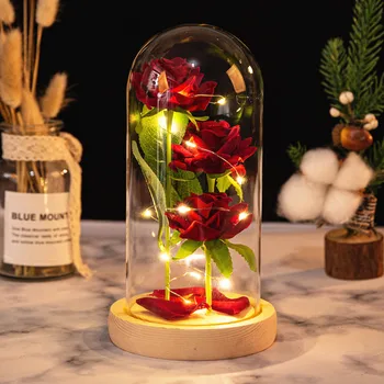  Trys imituotos rožės LED stiklo dėklo dekoravimas Amžina gėlė Sausas gėlių ryšulys Kalėdų Valentino dienos kūrybinė dovana