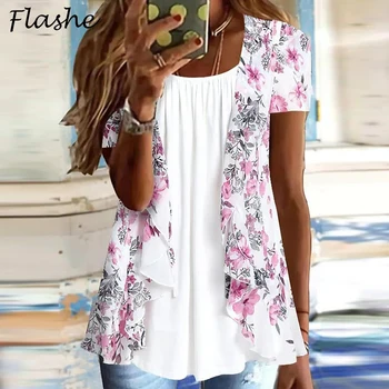  Vasariški moteriški marškinėliai O Kaklo gėlių atspaudas Marškinėliai Moterys Elegantiškas gėlių atspaudas Megztiniai Dviejų dalių dizainas