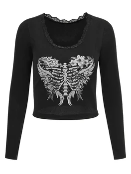  Women s Slim Fit Gothic Tops ilgomis rankovėmis apvaliu kaklu Skeleton Print marškinėliai Nėrinių apdailos megztiniai kasdieniam dėvėjimui